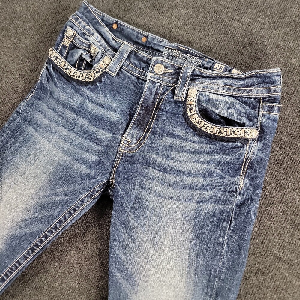 Miss Me Boyfriend Capri Jeans Womens Sz 28 Blue Denim Cotton Stretch Rhinestone